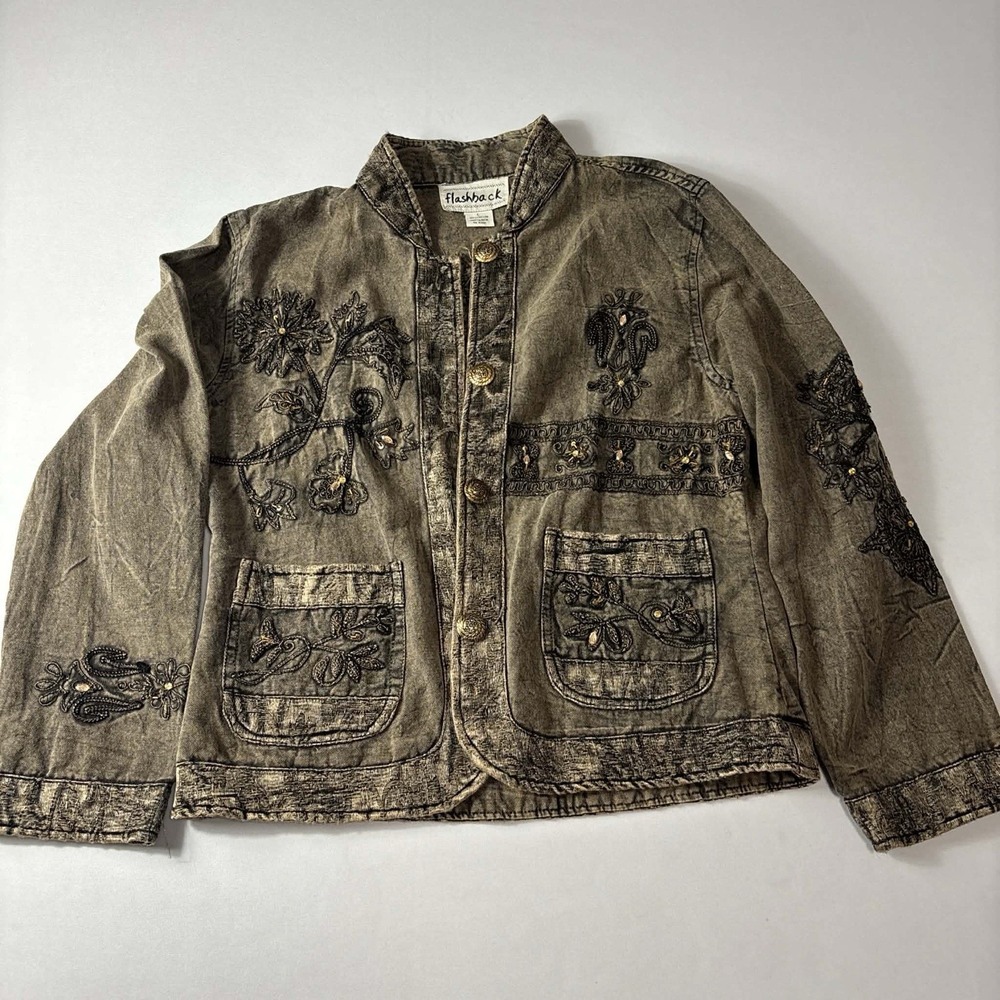 Vintage Flashback Gray/Gold Floral Embroidered Jeweled Jacket Womans Size L